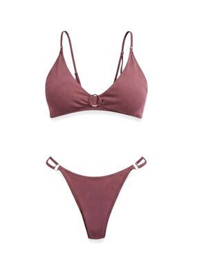 Zaful Ribbed Mauve Bikini Set Ring Detail Adjustable Straps Size Small